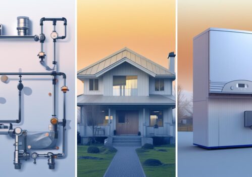 Moderne Heiztechnik: Rohrsystem, Einfamilienhaus und Wärmepumpe im Überblick.