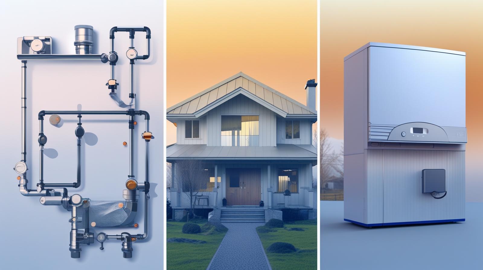 Moderne Heiztechnik: Rohrsystem, Einfamilienhaus und Wärmepumpe im Überblick.
