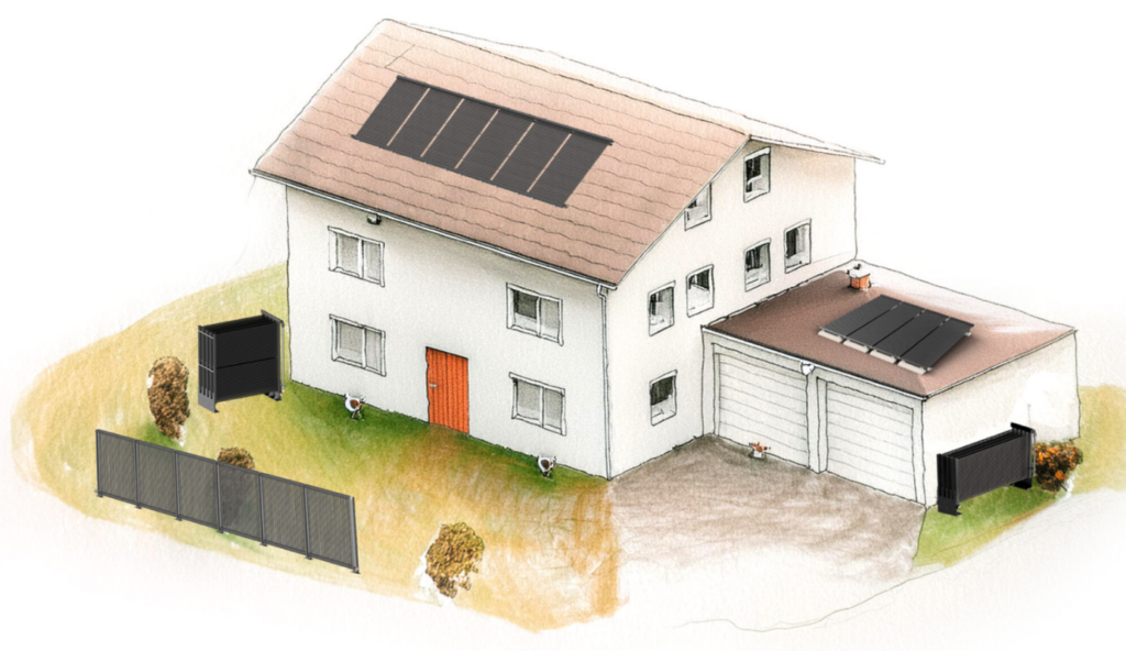 Illustration eines Hauses mit verschiedenen AluKol® Energiezaun- und Dachlösungen.