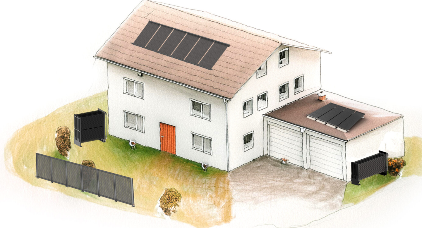 Illustration eines Hauses mit verschiedenen AluKol® Energiezaun- und Dachlösungen.