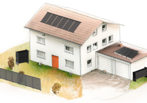 Illustration eines Hauses mit verschiedenen AluKol® Energiezaun- und Dachlösungen.