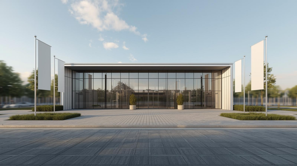 Moderne Messehalle mit großer Glasfront und umliegenden weißen Fahnen im Außenbereich.
