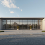 Moderne Messehalle mit großer Glasfront und umliegenden weißen Fahnen im Außenbereich.