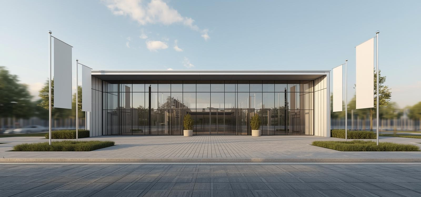 Moderne Messehalle mit großer Glasfront und umliegenden weißen Fahnen im Außenbereich.