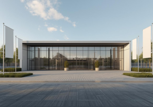 Moderne Messehalle mit großer Glasfront und umliegenden weißen Fahnen im Außenbereich.