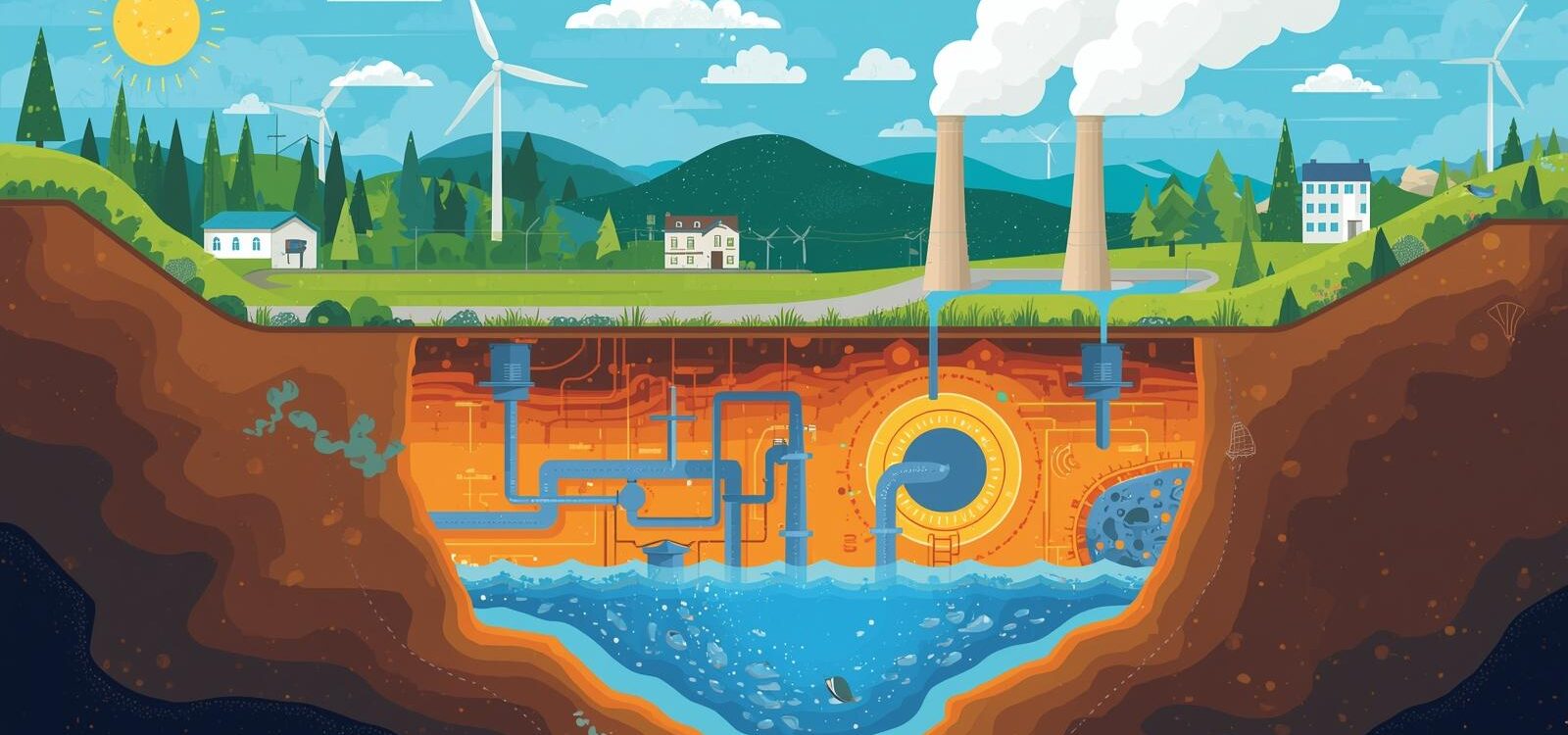 Funktionsweise der Geothermie mit Erdwärmesystem und Landschaft.