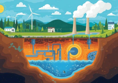 Funktionsweise der Geothermie mit Erdwärmesystem und Landschaft.