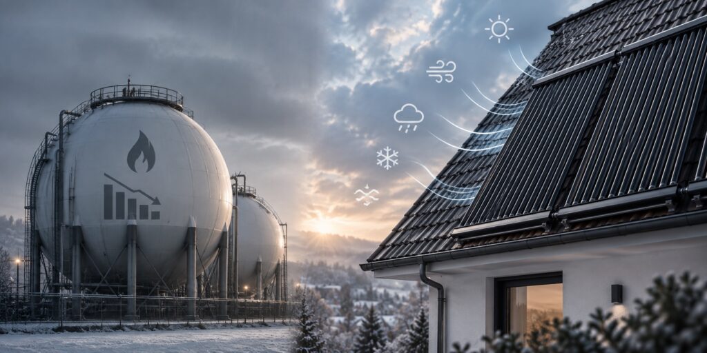 Gebäude mit Solartechnik neben Gasspeichern.