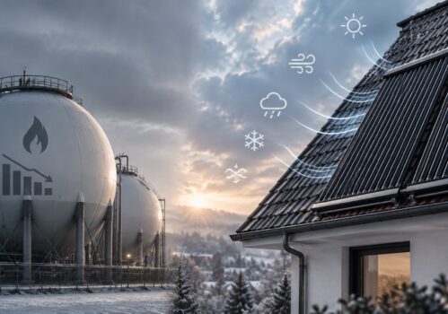 Gebäude mit Solartechnik neben Gasspeichern.