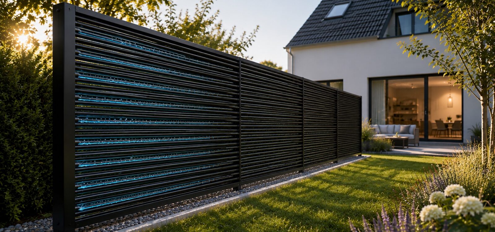 AluKol® Energiezaun vor modernem Einfamilienhaus zur nachhaltigen Energiegewinnung für Heizen, Kühlen und Free Cooling.