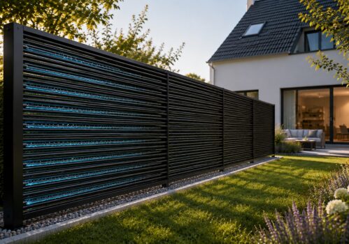 AluKol® Energiezaun vor modernem Einfamilienhaus zur nachhaltigen Energiegewinnung für Heizen, Kühlen und Free Cooling.