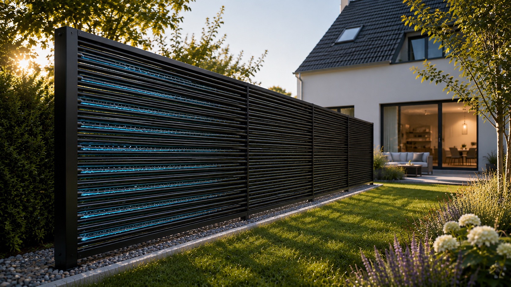 AluKol® Energiezaun vor modernem Einfamilienhaus zur nachhaltigen Energiegewinnung für Heizen, Kühlen und Free Cooling.